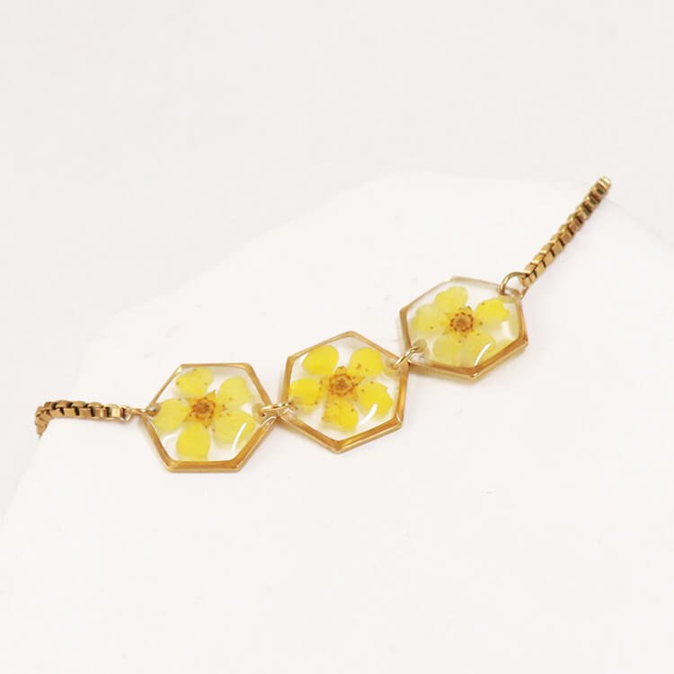 Yellow Preserved Flower Resin Bracelet — Stainless Steel Botanical Band